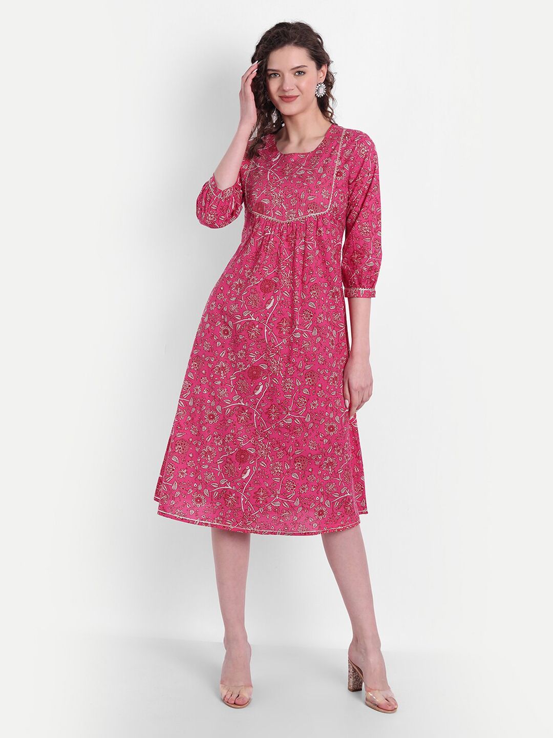 SUTI Fuchsia Women Floral Printed A-Line Midi Dress Price in India