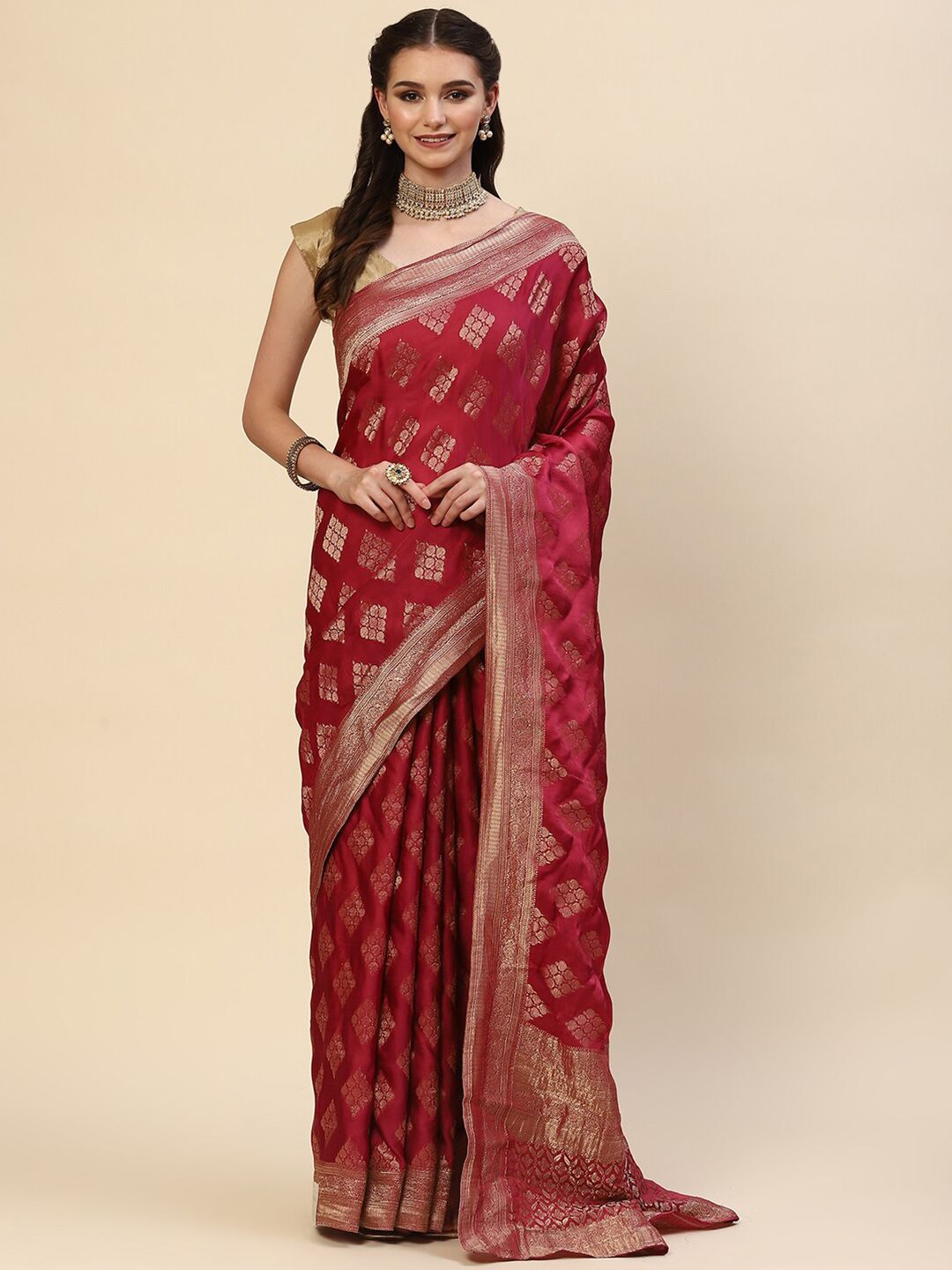Meena Bazaar Pink & Gold-Toned Ethnic Motifs Zari Organza Saree Price in India