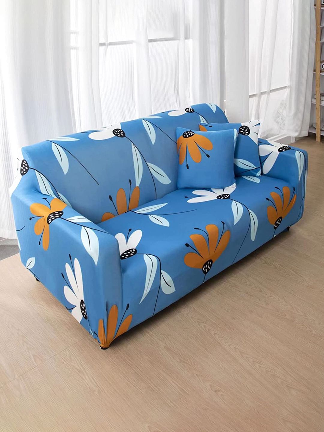 HOUSE OF QUIRK Blue Floral Printed 4-Seater Flexible Stretch Sofa Slipcover Price in India