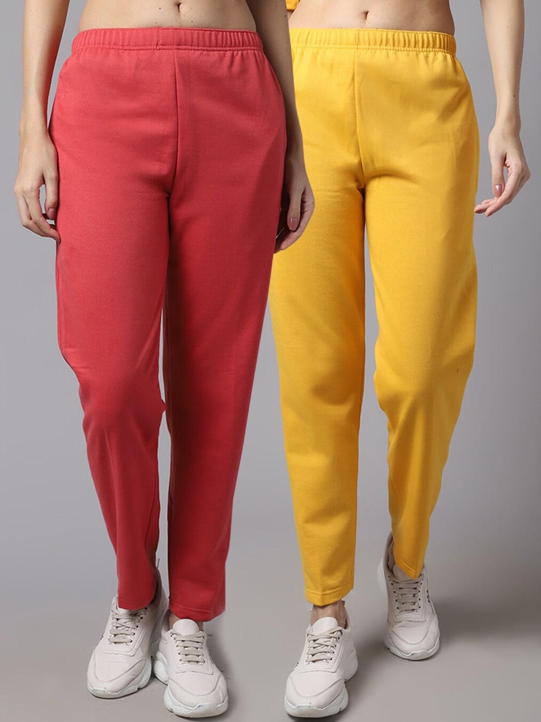 VIMAL JONNEY Women Pack Of 2 Red & Yellow Solid Pure Cotton Track Pants Price in India