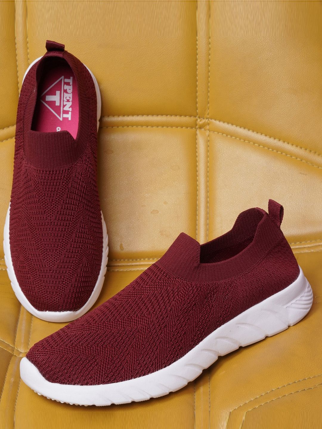 TPENT Women Maroon Woven Design Slip-On Sneakers Price in India