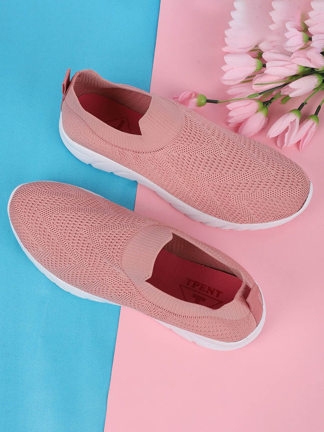 TPENT Women Peach-Coloured Woven Design Slip-On Sneakers Price in India