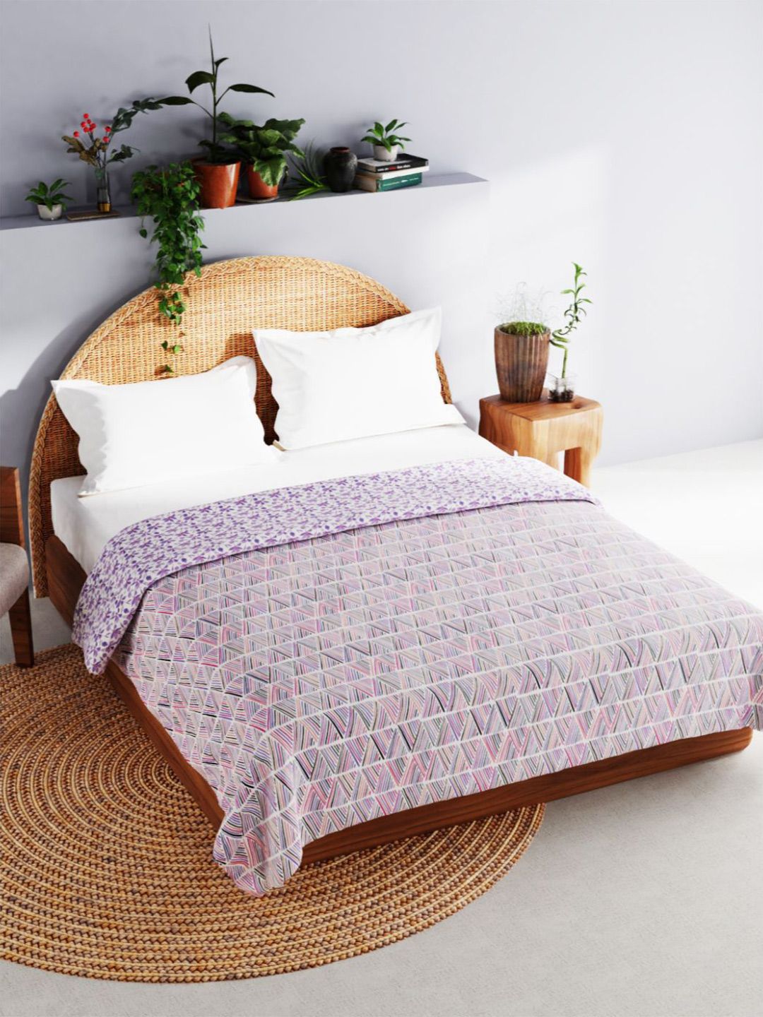 BIANCA White & Purple Geometric Printed AC Room 120 GSM Cotton Double Bed Dohar Price in India