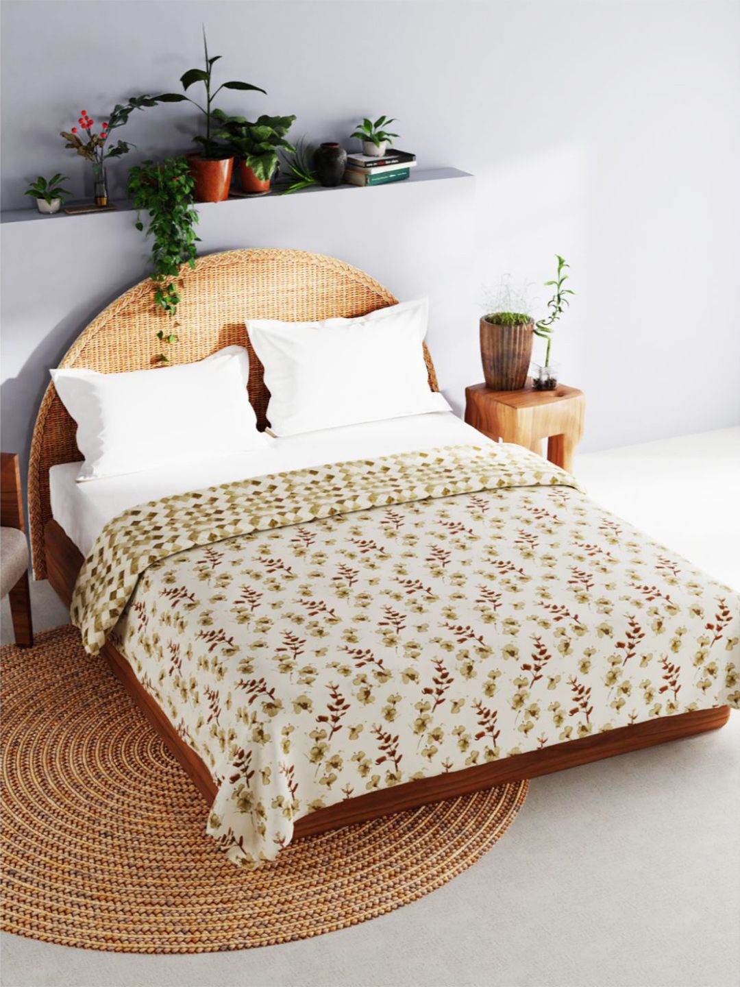 BIANCA Off White & Green Floral Pure Cotton AC Room 120 GSM Double Bed Dohar Price in India