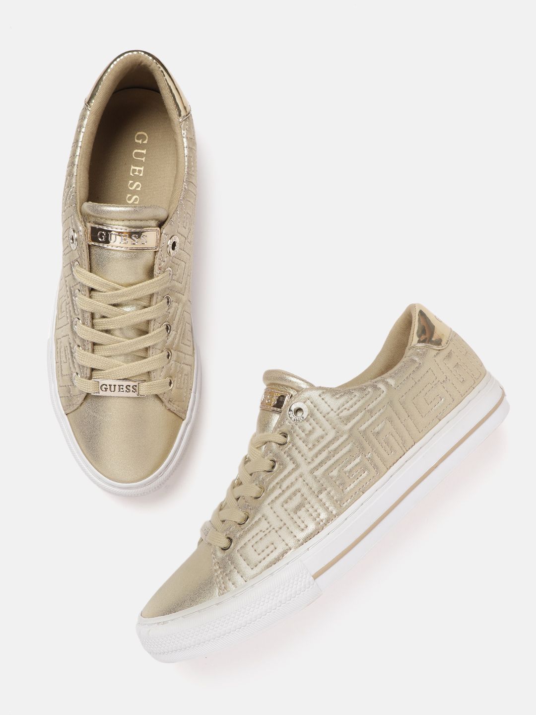GUESS Women Gold-Toned Brand Logo Quilted Detail Sneakers Price in India