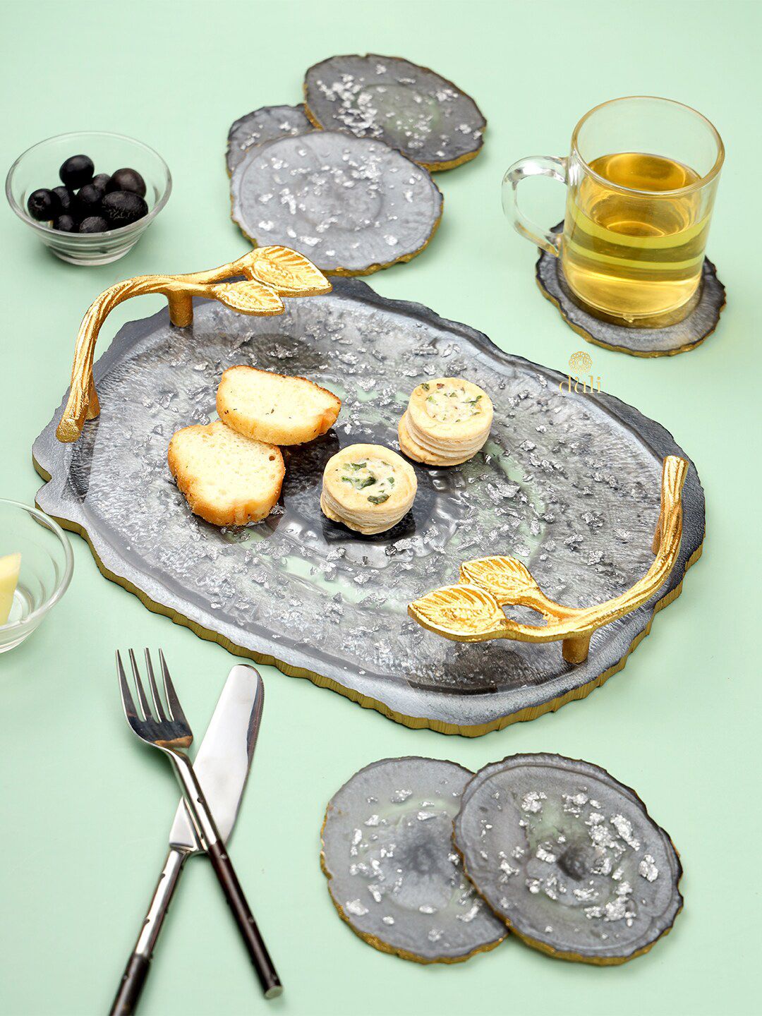 DULI  Grey Printed Tray with 6 Oval Coasters Price in India