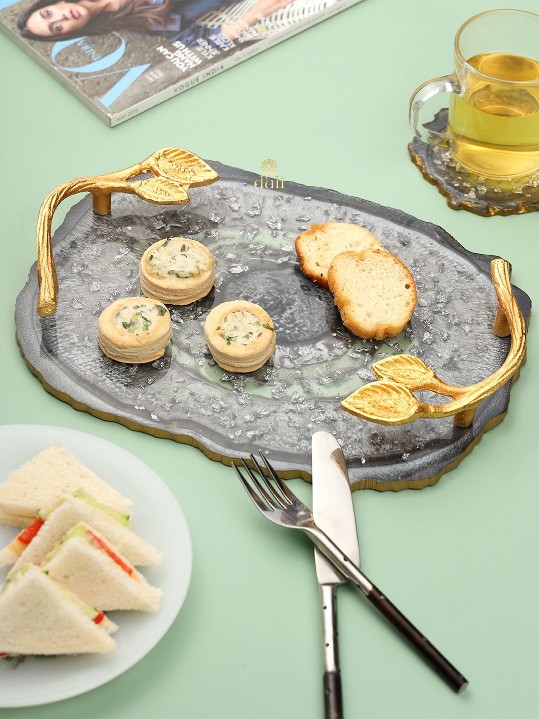 DULI Grey & Gold-Toned Textured Serving Tray Platter Price in India
