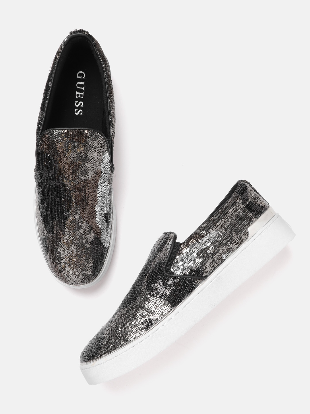 GUESS Women Black & Silver-Toned Sequined Slip-On Sneakers Price in India
