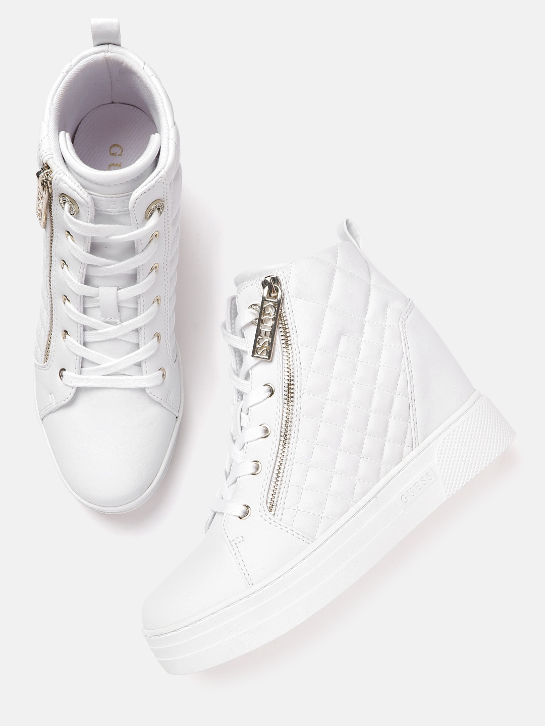 GUESS Women White Quilted Detail Mid-Top Sneakers Price in India