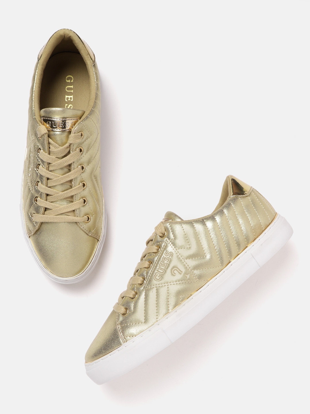 GUESS Women Gold-Toned Woven Design Sneakers Price in India