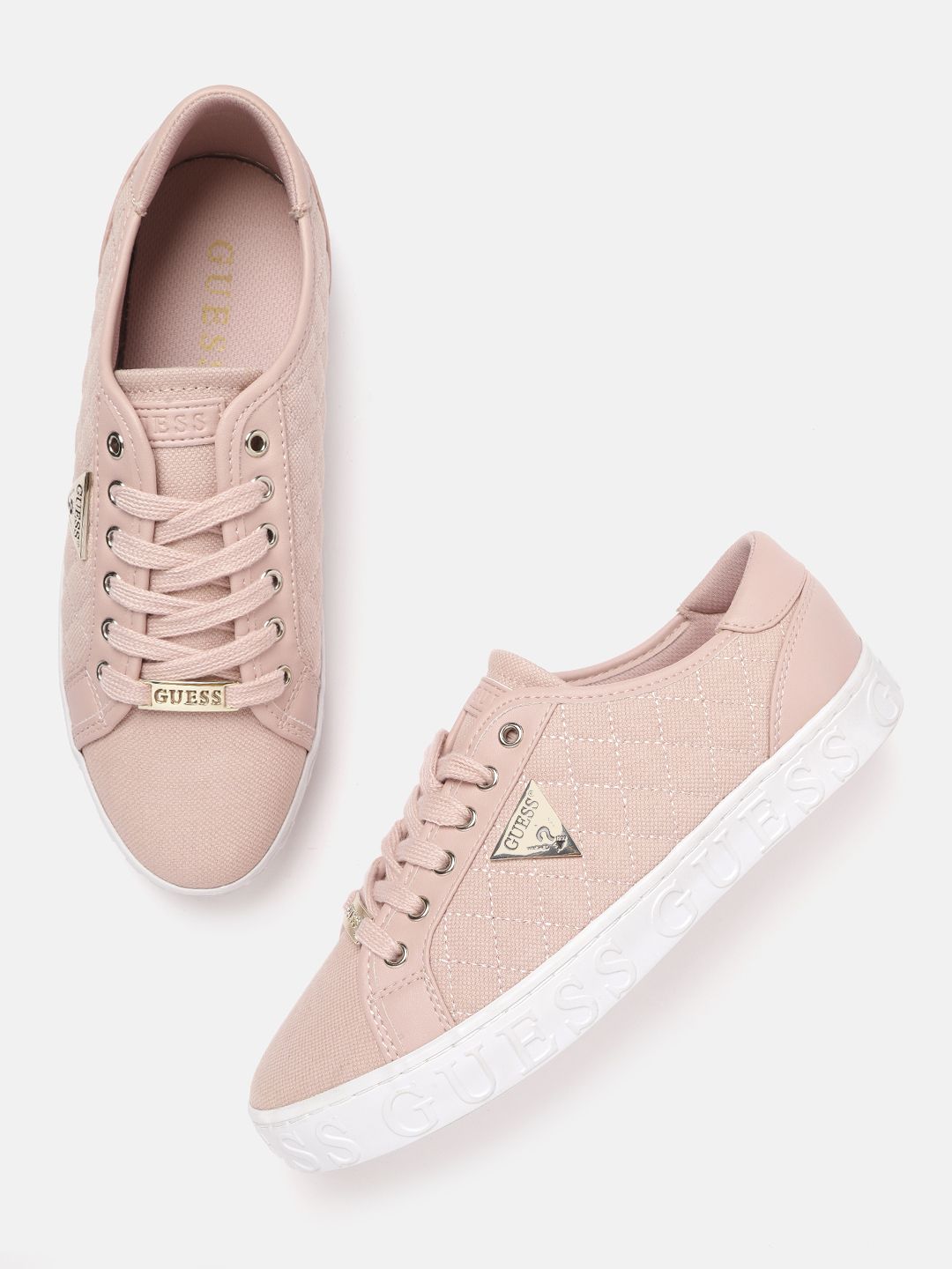 GUESS Women Peach-Coloured Quilted Woven Design Sneakers Price in India