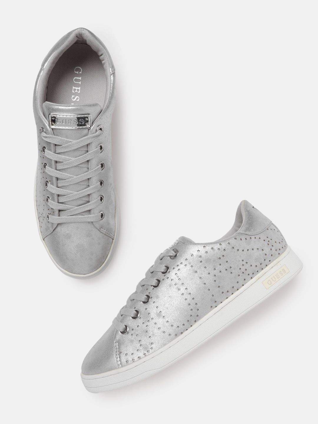 GUESS Women Silver-Toned Perforated Sneakers Price in India