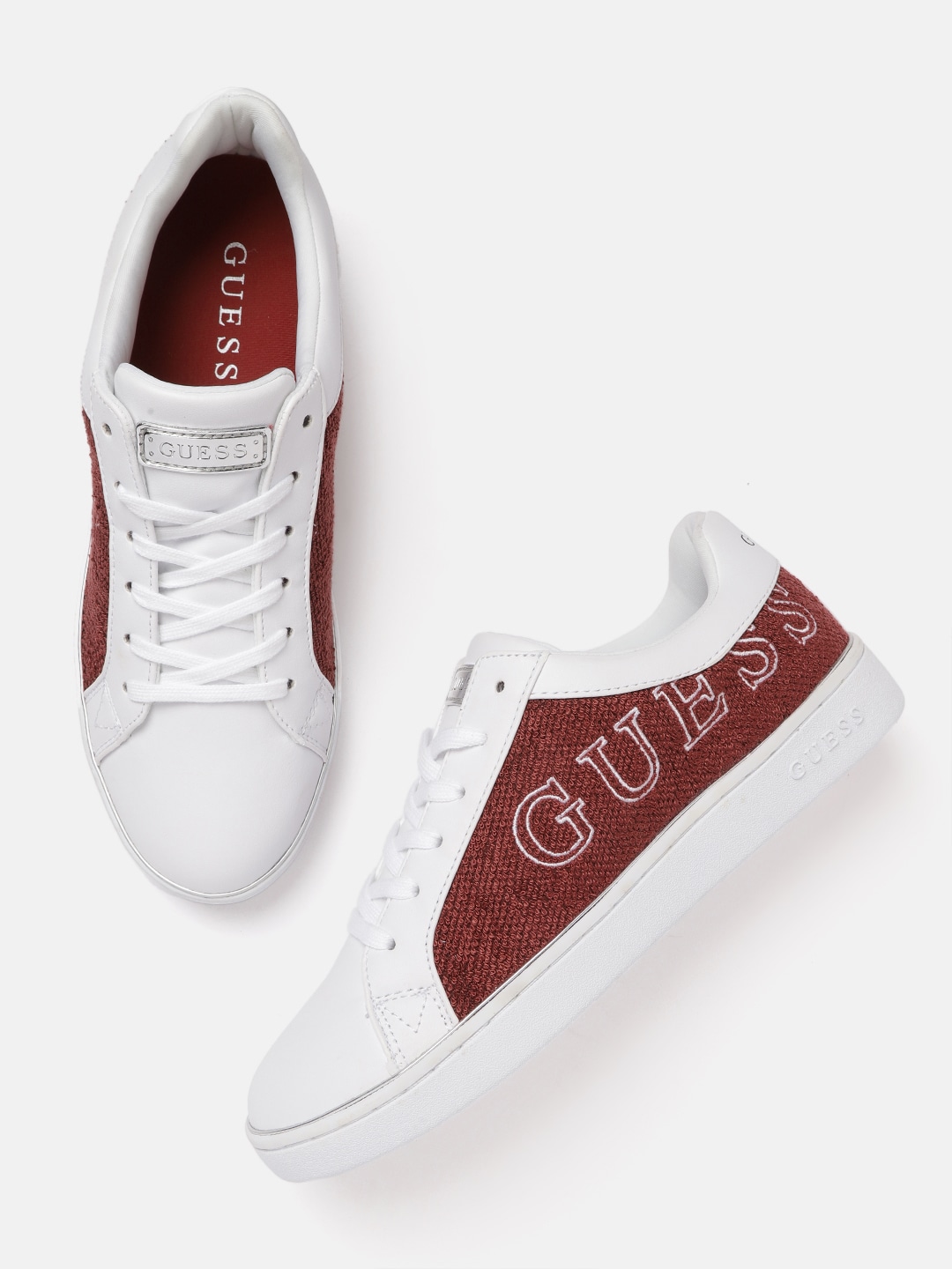 GUESS Women White & Maroon Colourblocked Sneakers Price in India