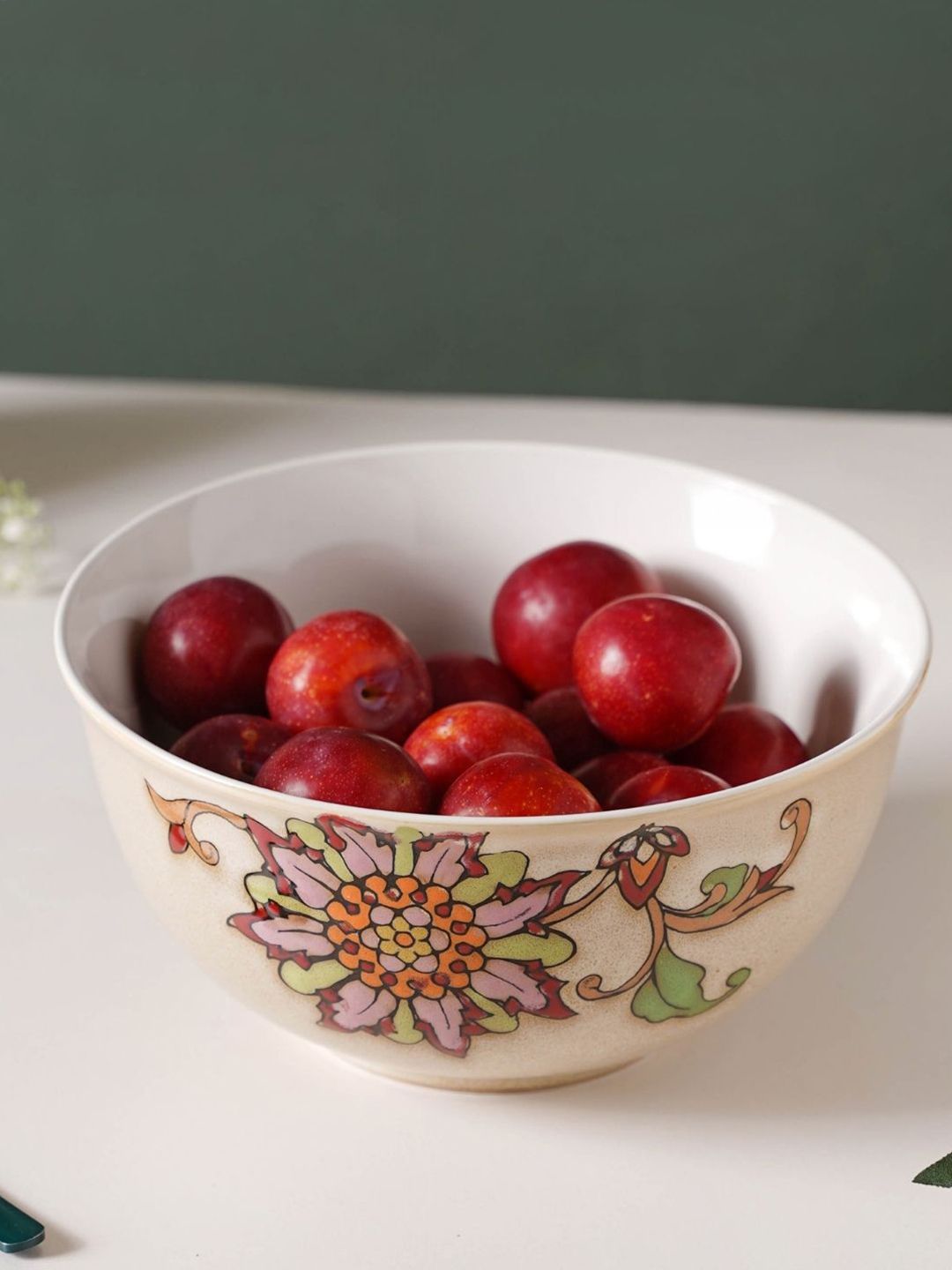Nestasia Cream-Coloured & Green Floral Printed Ceramic Glossy Serving Bowl Price in India