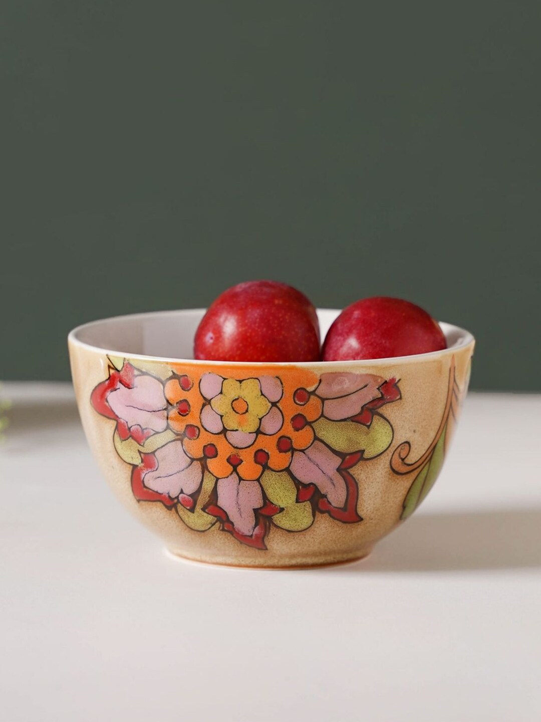 Nestasia Beige and Red Floral Printed Ceramic Glossy Soup Bowl .3L Price in India
