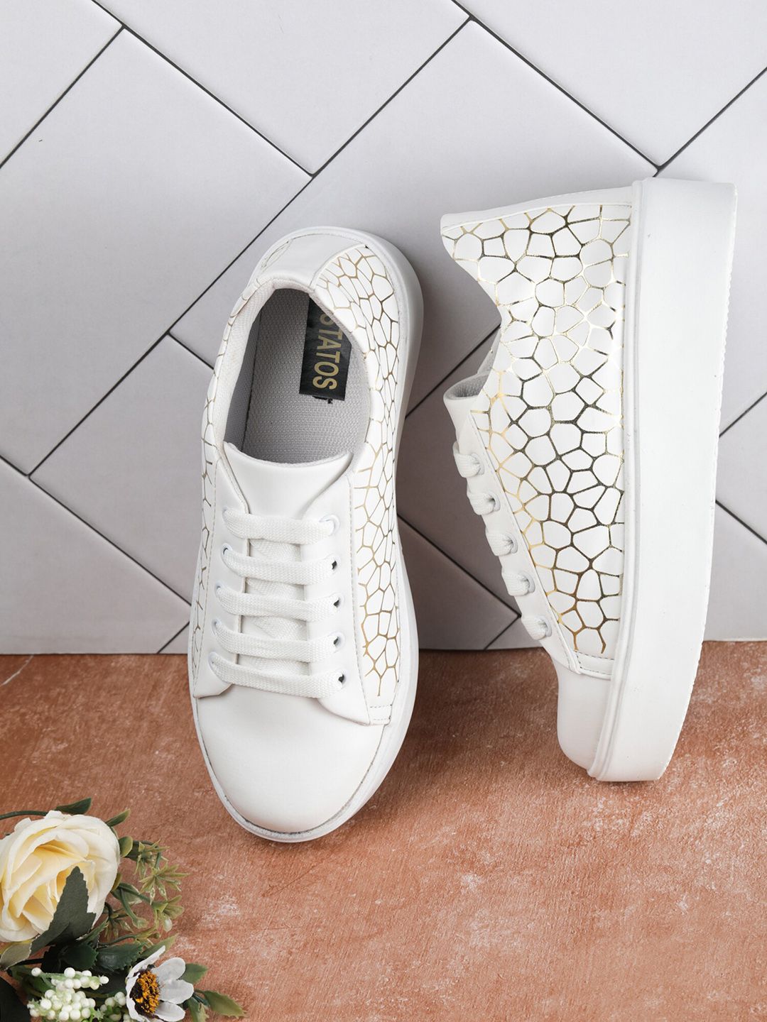 ESTATOS Women White Printed PU Sneakers Price in India