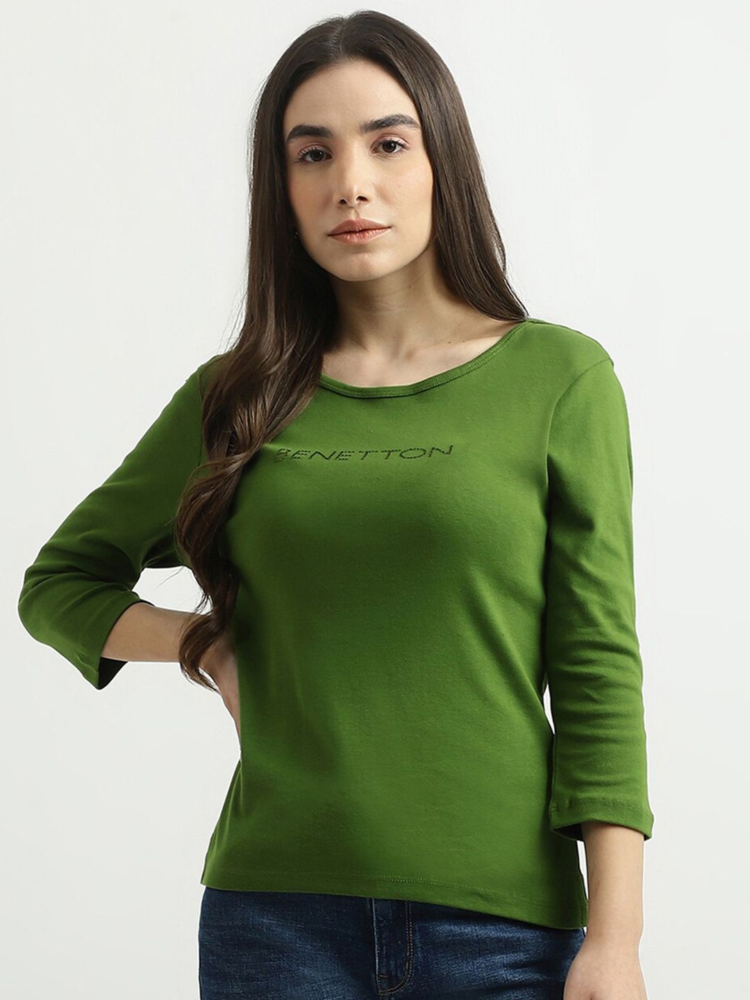 United Colors of Benetton Women Green Brand Logo Embellished Pure Cotton Top Price in India