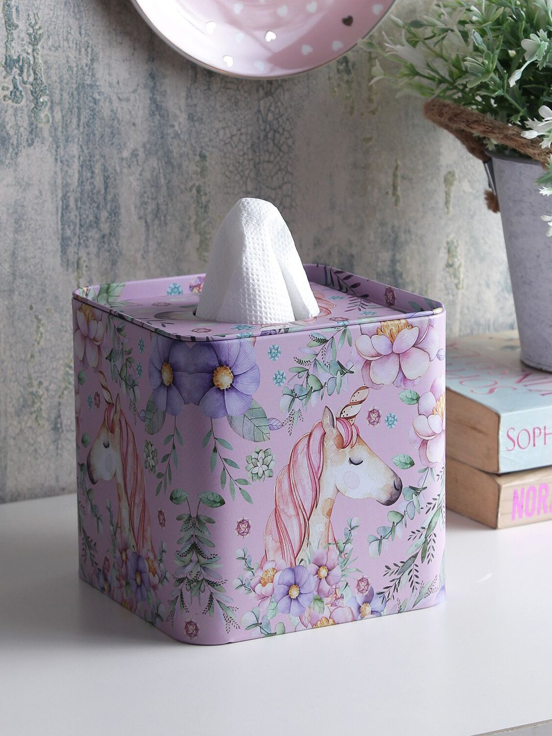 A Vintage Affair- Home Decor Pink & Purple Printed Tissue Box Holder Price in India