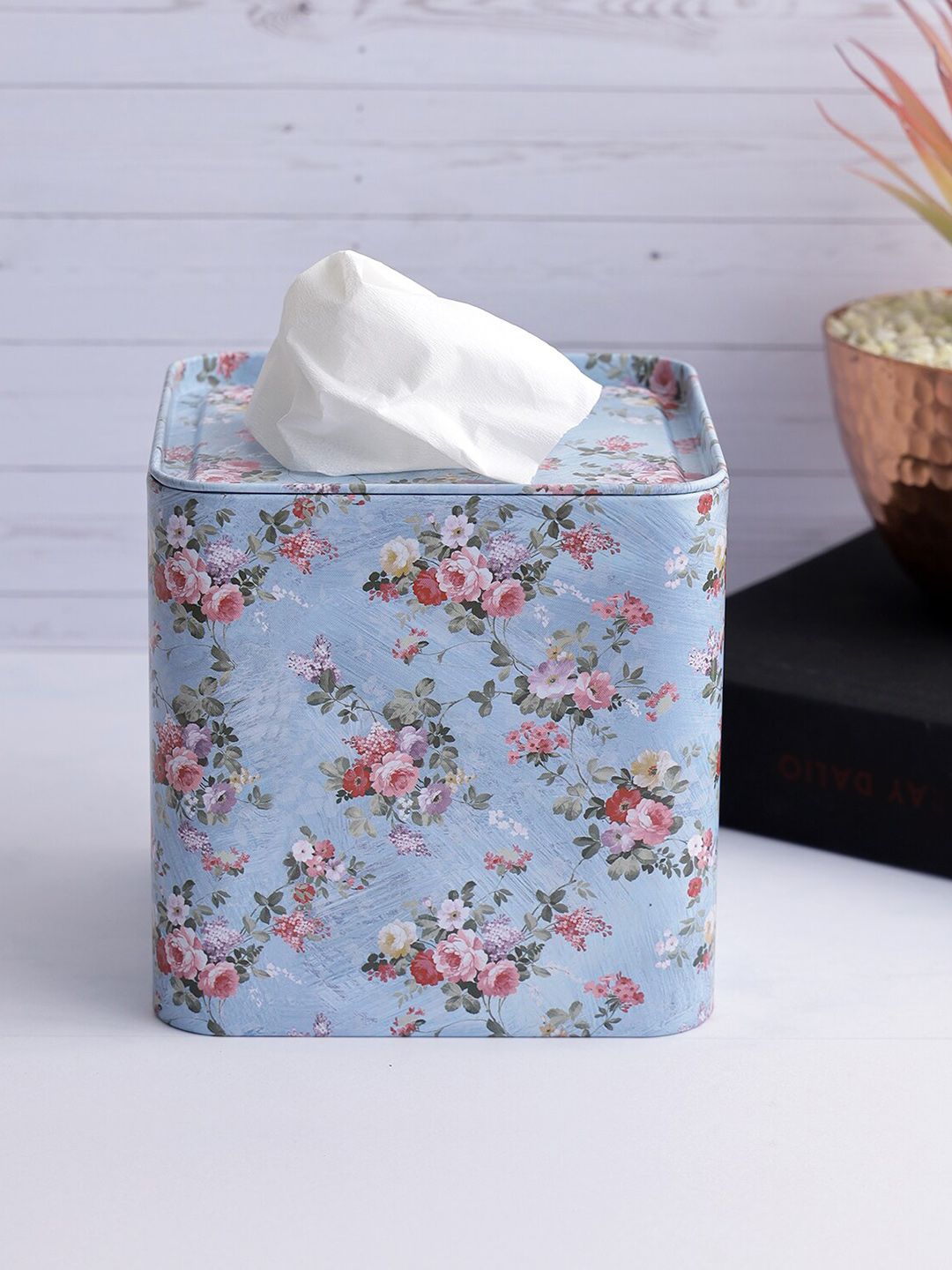 A Vintage Affair- Home Decor  Blue Floral Printed Square Tissue Holder Price in India