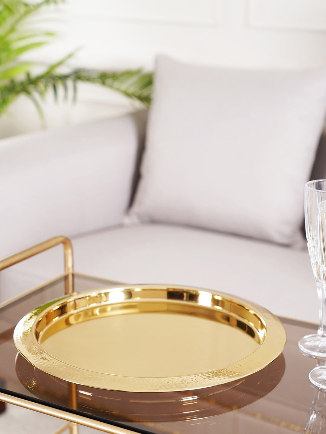Pure Home and Living Gold-Toned Hammered Round Tray Price in India