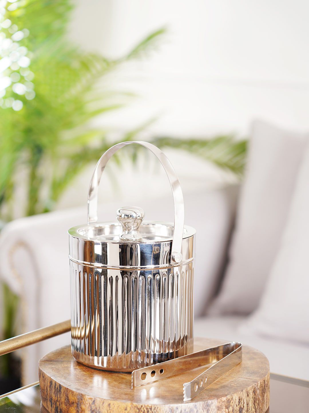 Pure Home and Living Silver Striped Ribbed Ice Bucket with Tong Price in India