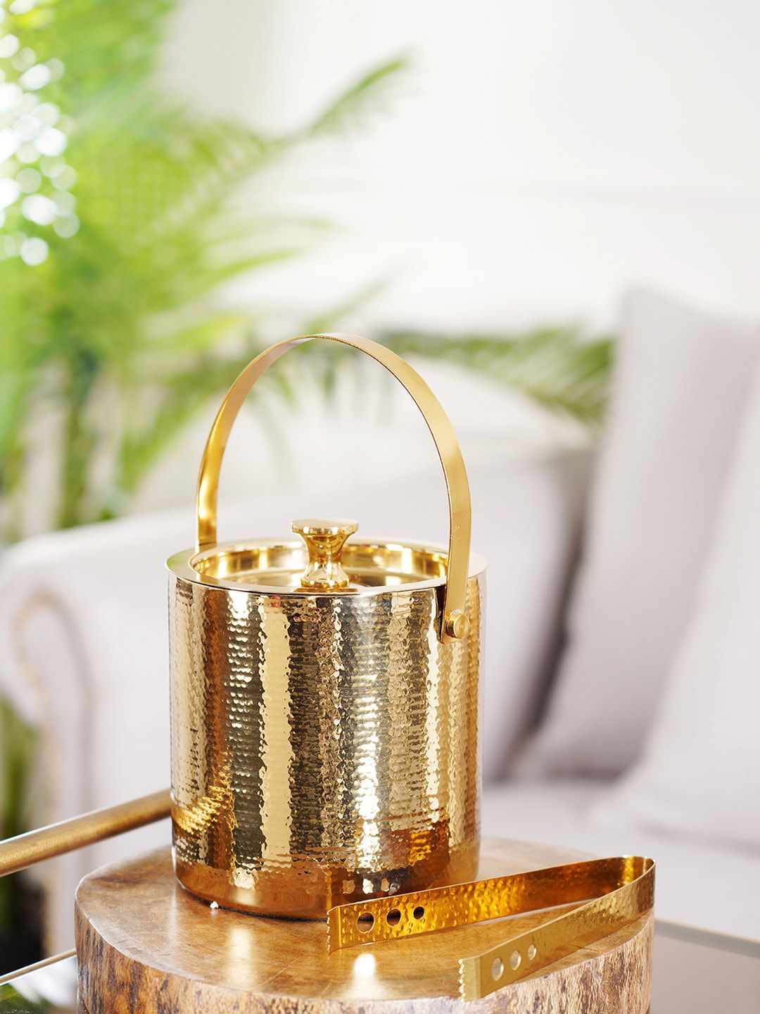 Pure Home and Living Gold-Toned Steel Hammered Ice Bucket With Tongs Price in India