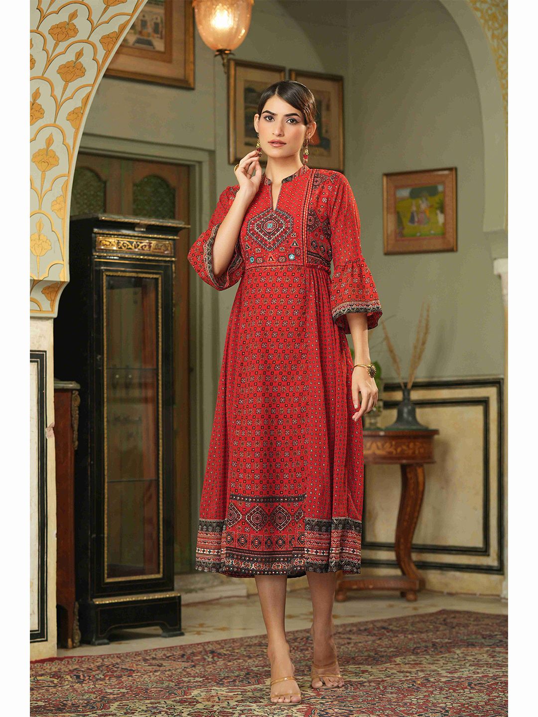 Juniper Women Red Ethnic Motifs Georgette Ethnic Flared  A-Line Dress Price in India