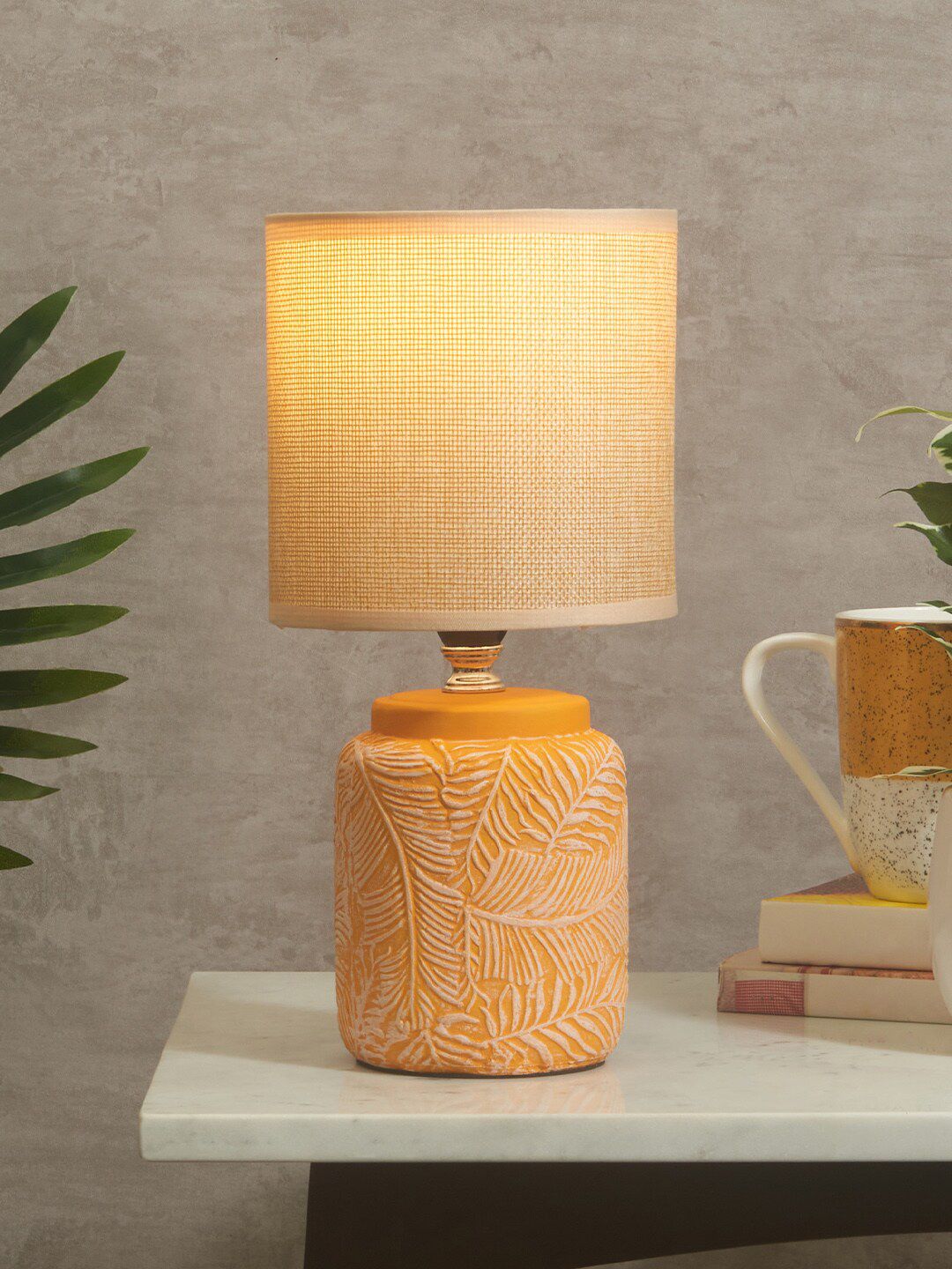 HomeTown Mustard Yellow & White Textured Table Lamps Price in India