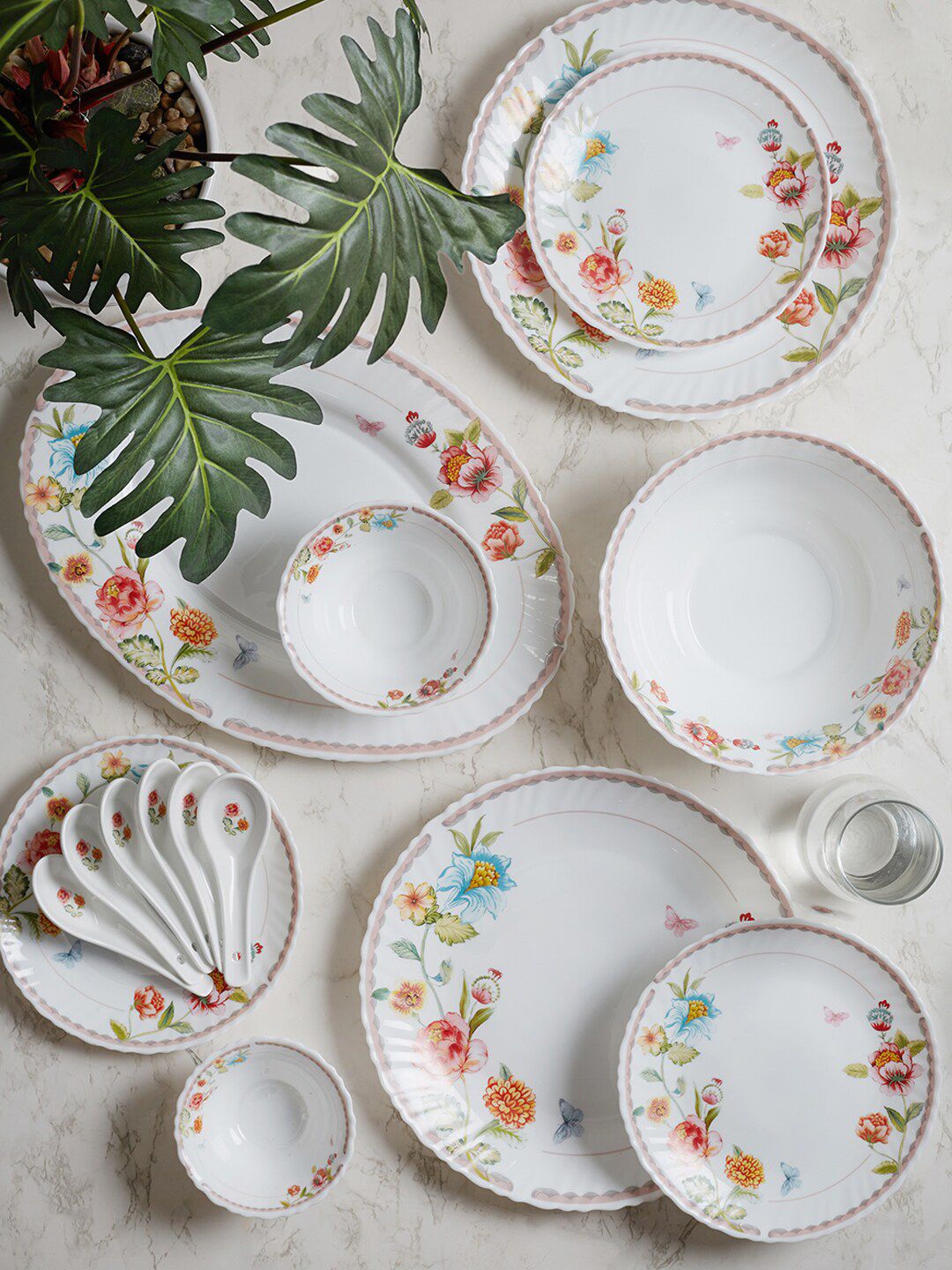 HomeTown White & Blue 33 Pieces Floral Printed Opalware Glossy Dinner Set Price in India