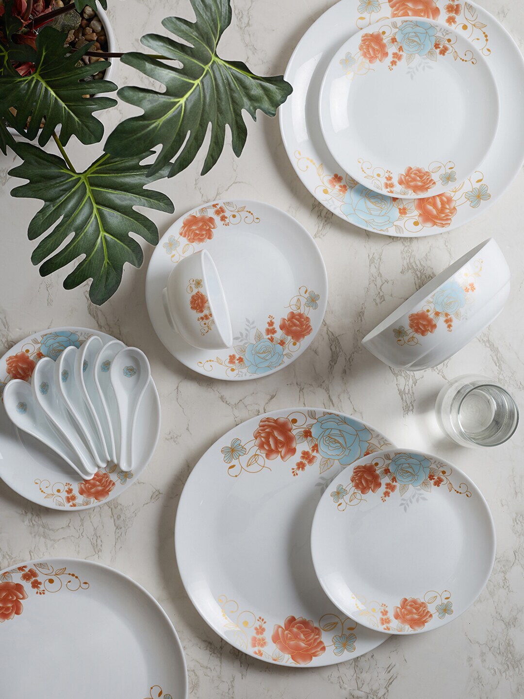 HomeTown White & Orange 33 Pieces Floral Printed Opalware Glossy Dinner Set Price in India