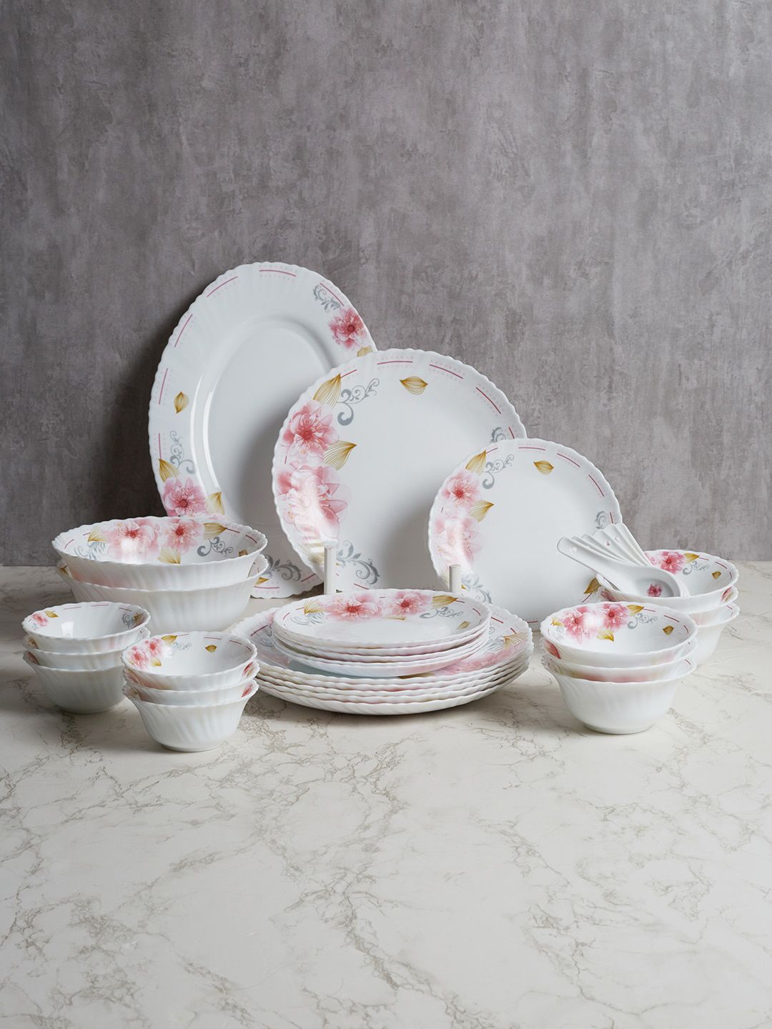 HomeTown White & Pink 33 Pieces Printed Opalware Glossy Dinner Set Price in India