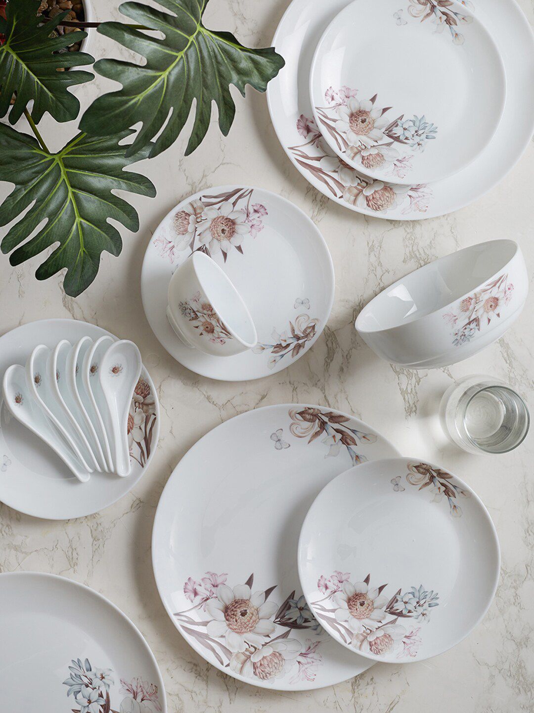 HomeTown Set of 33 White & Brown Printed Opalware Glossy Dinner Set Price in India