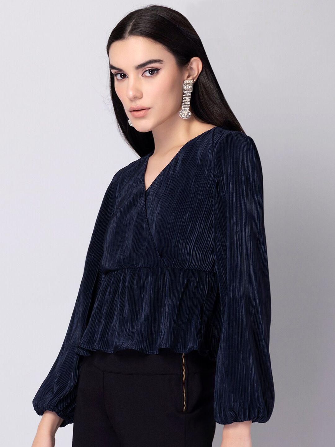 FabAlley Women Navy Blue Pleated Wrap Top Price in India