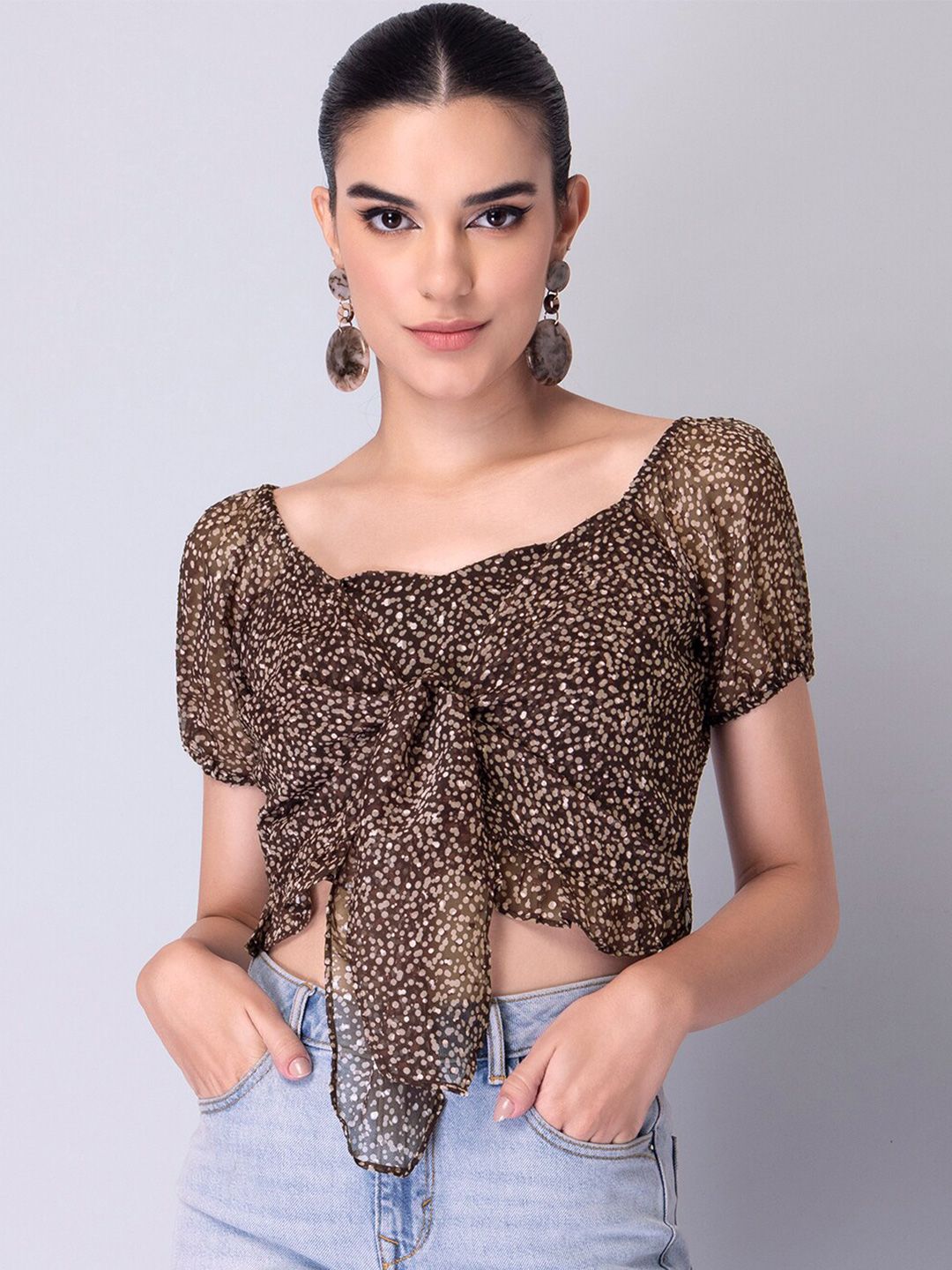 FabAlley Women Brown Animal Print Sweetheart Neck Georgette Crop Top Price in India