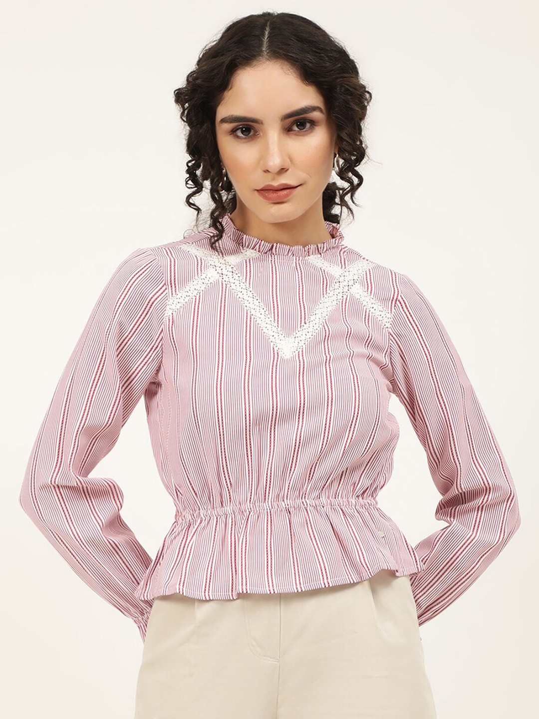 ELLE Red Striped Cotton Cinched Waist Top Price in India