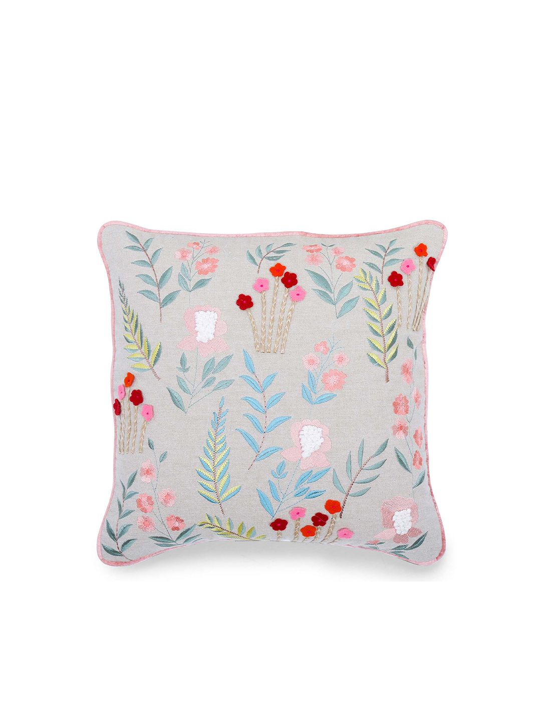 haus & kinder Grey & Green Embroidered Square Cushion Cover Price in India
