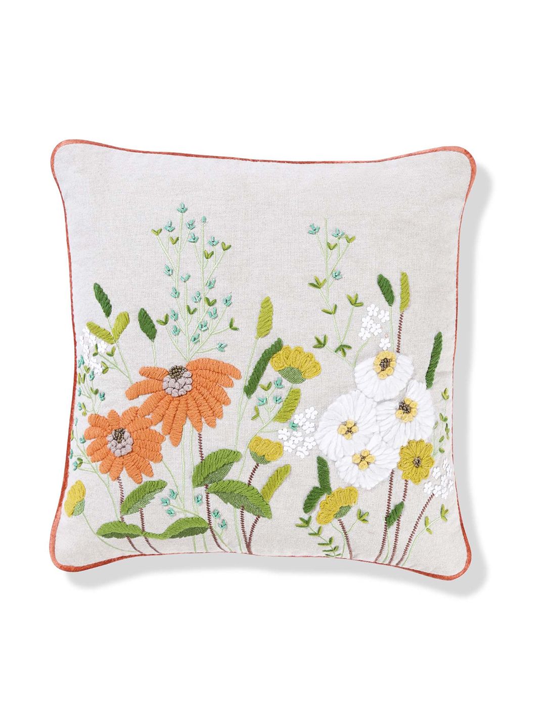 haus & kinder White & Orange Embroidered Square Cushion Cover Price in India