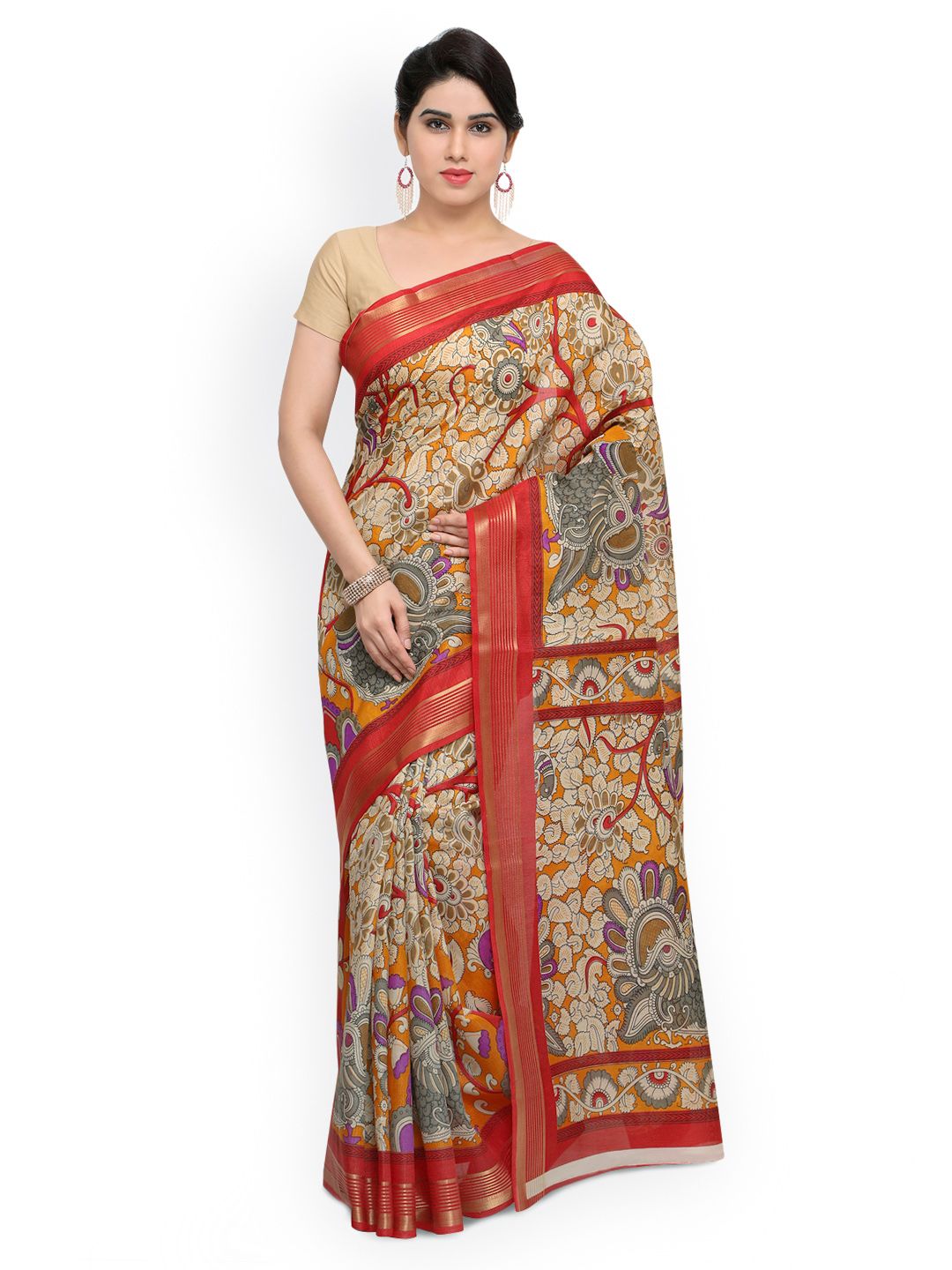 Saree mall Beige Kalamkari Print Art Silk Saree Price in India