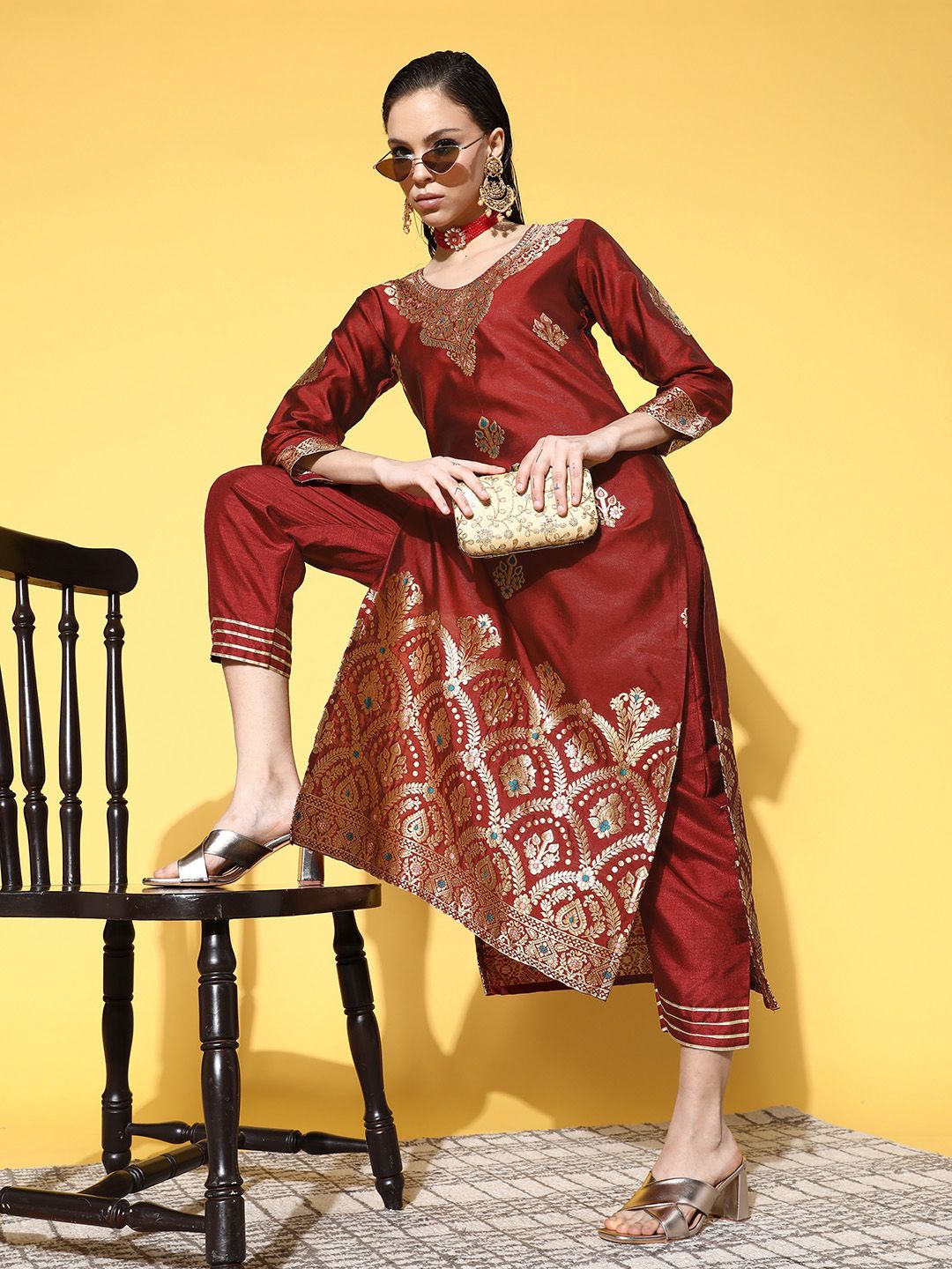 Indo Era Women Maroon & Gold-Toned Ethnic Motifs Woven Design Kurta with Palazzos Price in India