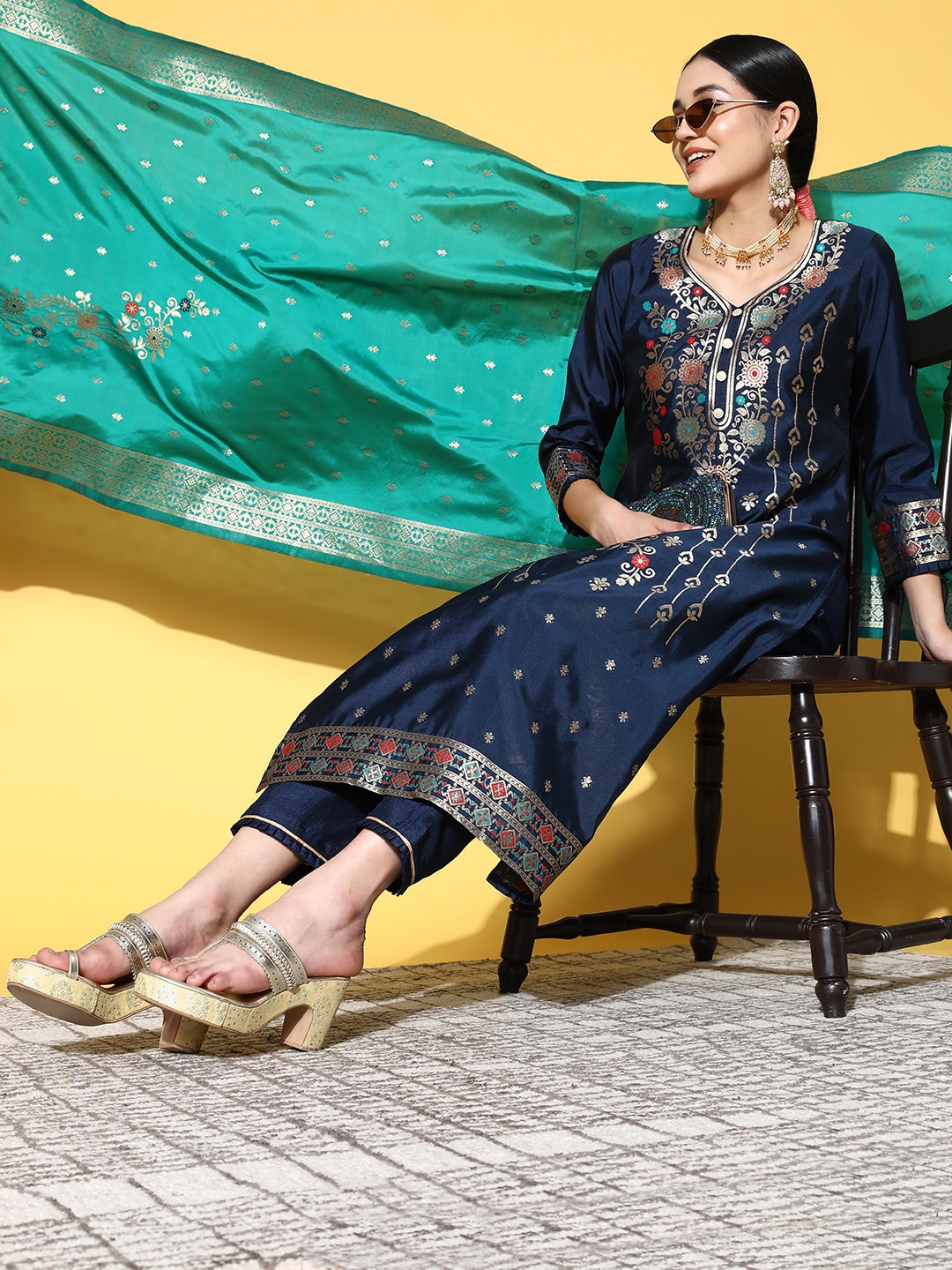 Indo Era Women Navy Blue & Pink Ethnic Motifs Woven Design Kurta with Trousers & Dupatta Price in India