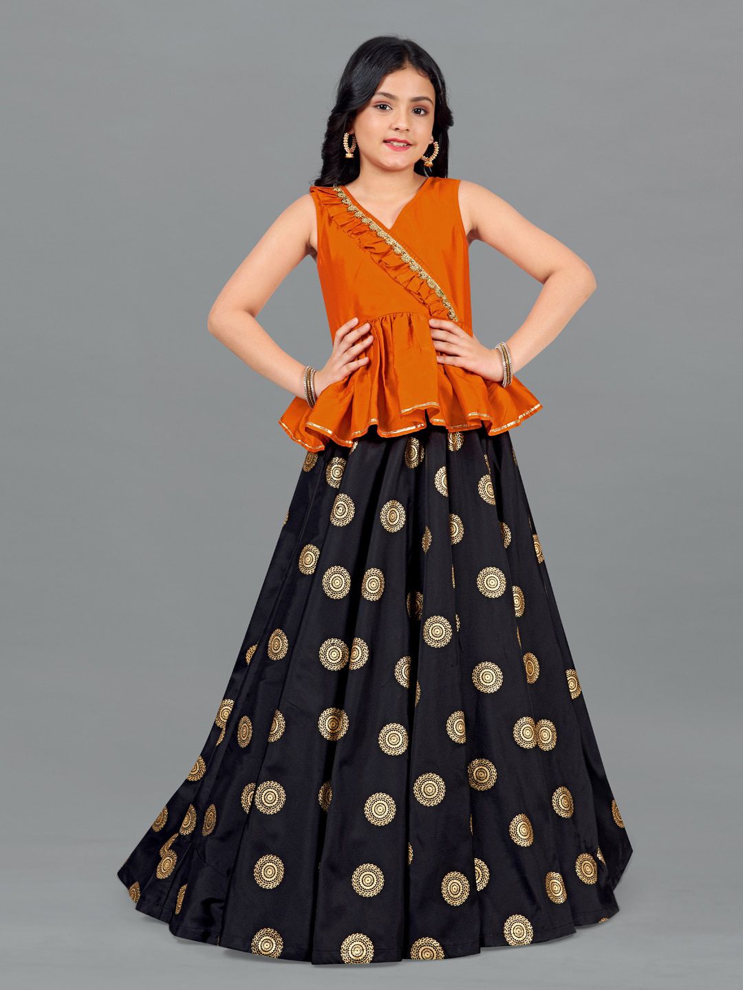 FASHION DREAM Girls Orange & Black Embellished Printed Ready to Wear Lehenga Choli Set Price in India
