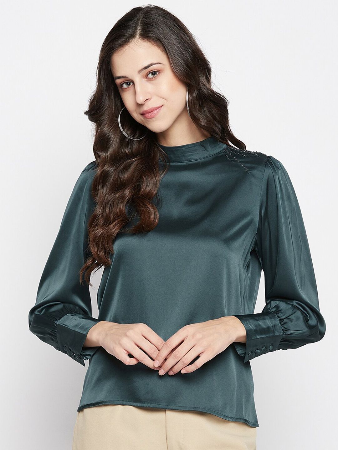 Madame Women Teal Green High neck Bishop Sleeves Top Price in India