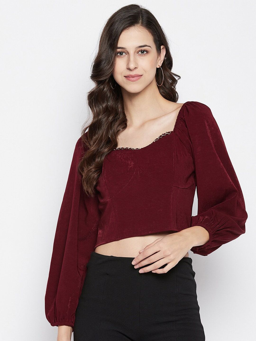 Madame Maroon Sweetheart Neck Crop Top Price in India