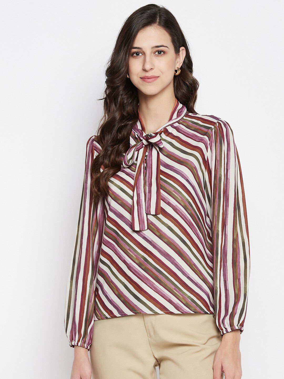 Madame Women Off White Striped Tie-Up Neck Top Price in India