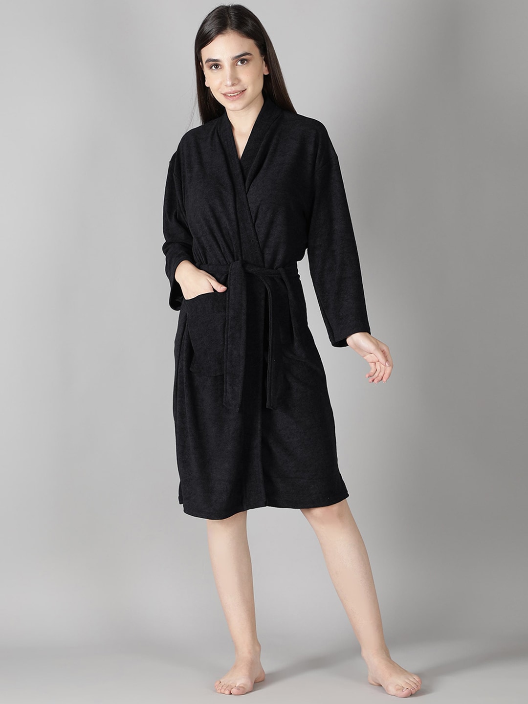 LacyLook Women Black Solid Bath Robe Price in India