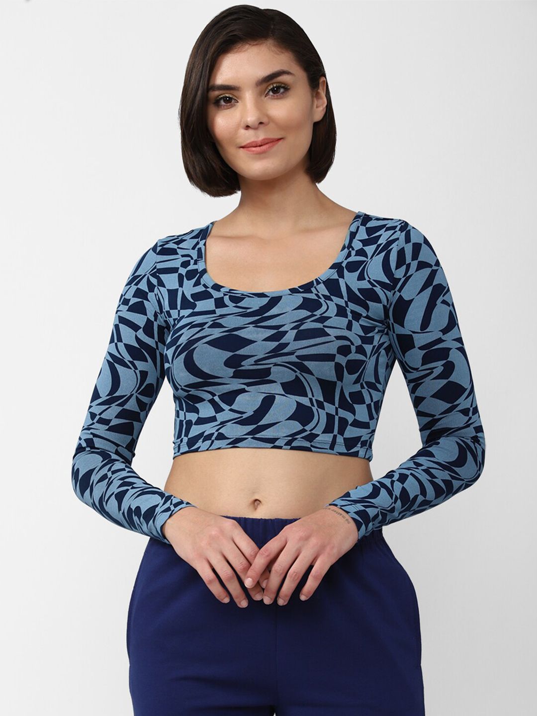 FOREVER 21 Women Blue Printed Crop Top Price in India