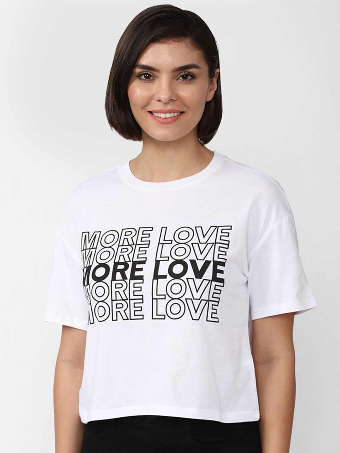 FOREVER 21 White Print Pure Cotton Typography Boxy Crop Top Price in India