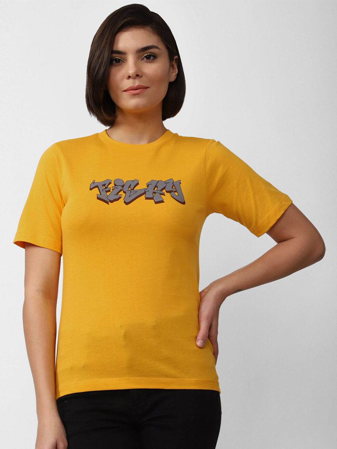 FOREVER 21 Women Yellow Typography Printed Top Price in India