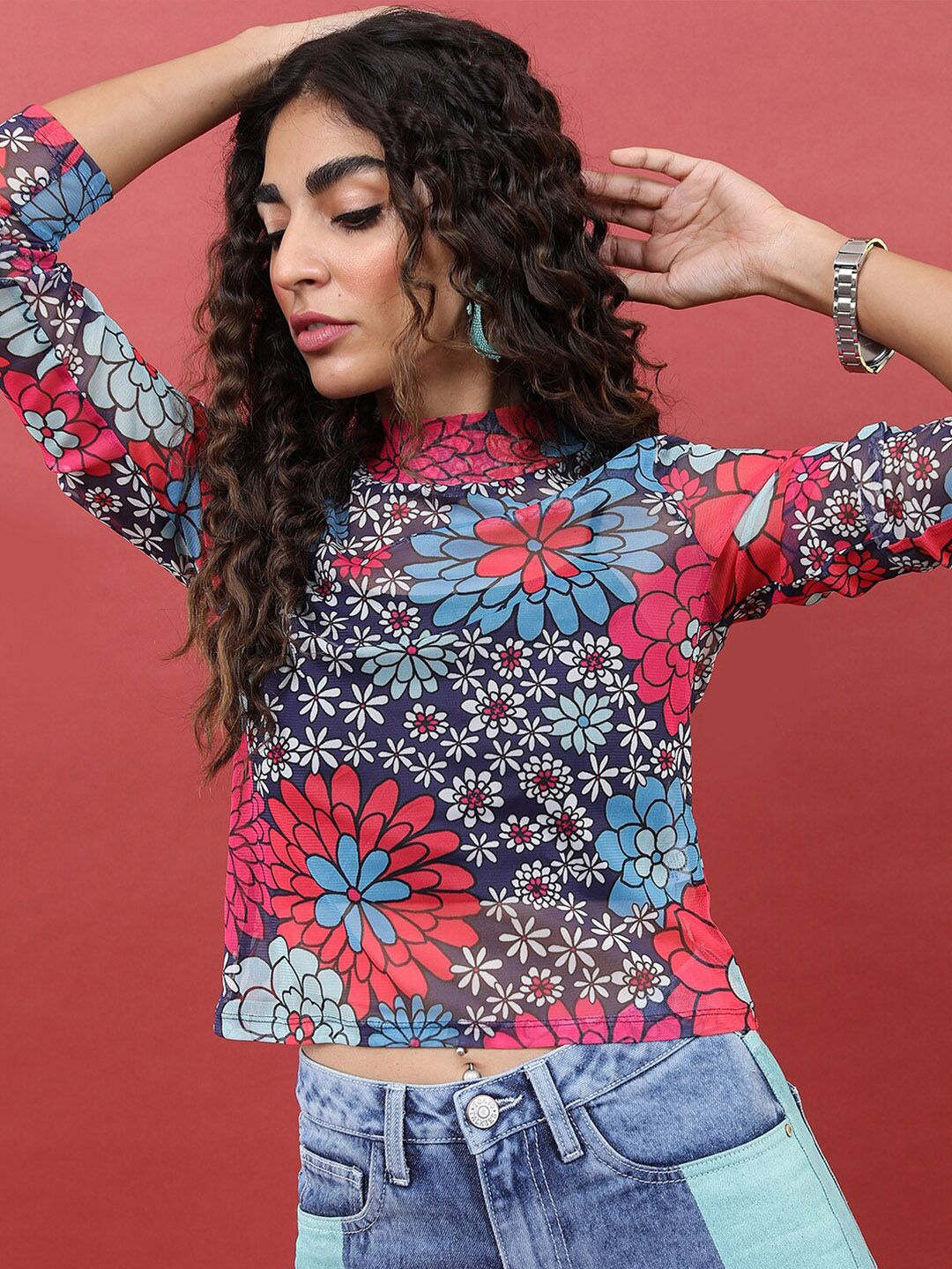 Tokyo Talkies Multicolored Floral Print Round Neck Crop Top Price in India