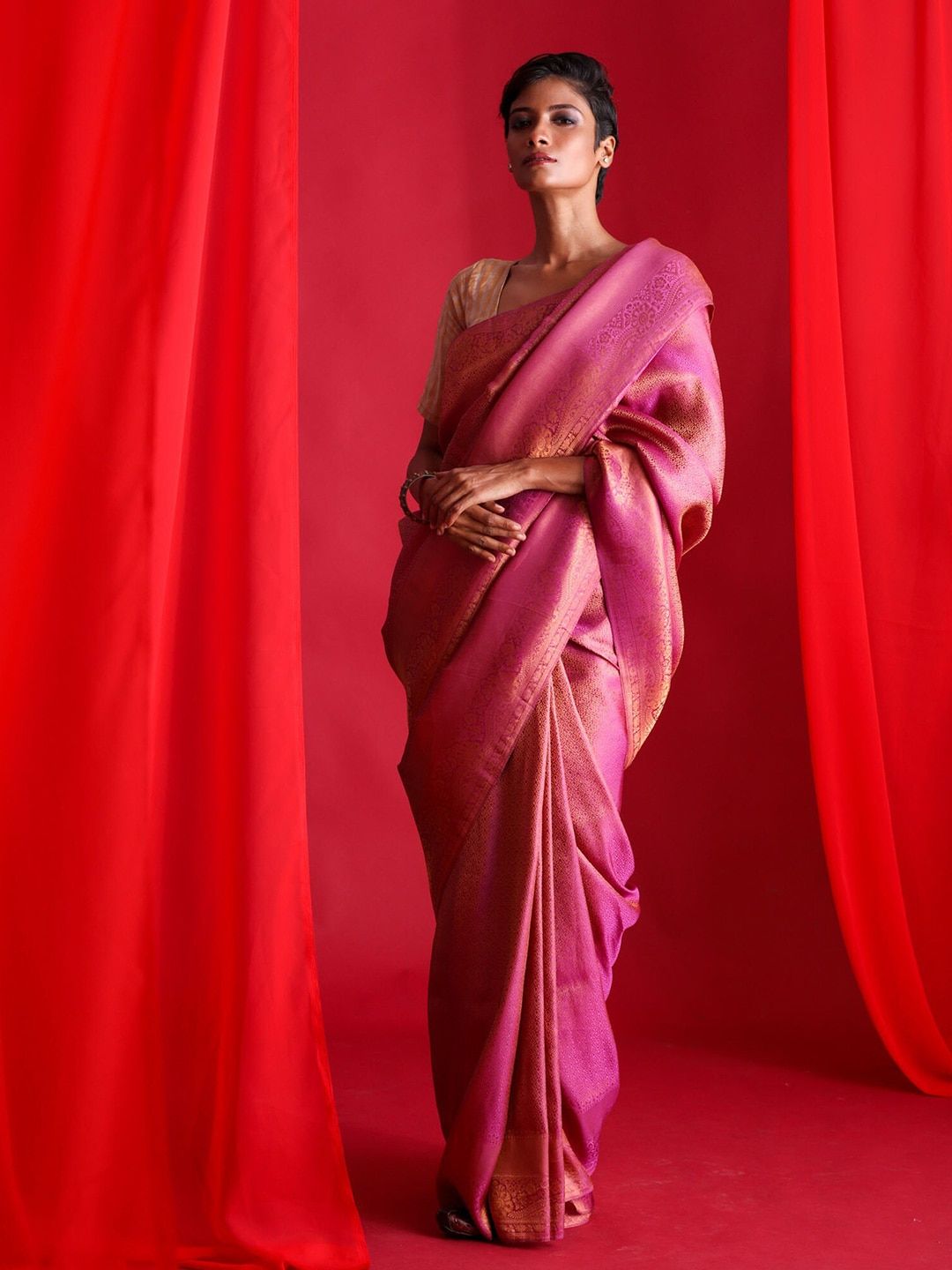 BEATITUDE Purple & Copper-Toned Ethnic Motifs Zari Kanjeevaram Saree Price in India